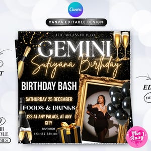 以下が含まれることがあります： 黒と金の双子座の誕生日招待状。テキストは「Gemini Sufiyana Birthday Birthday Bash」。招待状には写真、シャンパン、風船、ギフトボックスが含まれています。デザインは編集可能です。