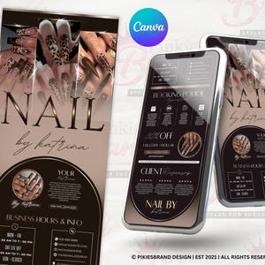 May include: A promotional graphic for a nail salon, featuring a tan and brown color scheme. The design includes images of manicured nails with leopard print and other nail art. The text reads "NAIL by katrina" and includes business hours and contact information.