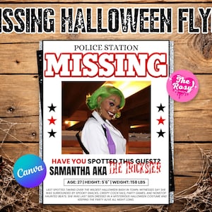 Può includere: Un volantino di Halloween per una persona scomparsa con la foto di qualcuno con capelli verdi e vestiti bianchi. Il testo recita MISSING, POLICE STATION, HAVE YOU SPOTTED THIS GUEST? SAMANTHA AKA THE TRICKSTER, AGE: 27 | HEIGHT: 168 CM | WEIGHT: 72 KG.