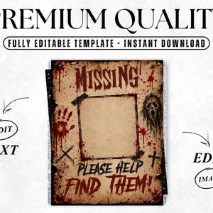 Editable Missing Poster Template, Halloween Mystery Party Sign, DIY Missing Person Flyer, Detective or Wanted Party Canva Template