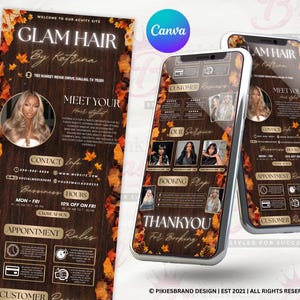 Könnte beinhalten: Eine digitale Marketingvorlage für Glam Hair by Katrina mit einem dunklen Holzhintergrund und Herbstblättern. Das Layout enthält Abschnitte für Kontaktinformationen, Geschäftszeiten, Terminregeln und Kundenbewertungen auf zwei Smartphones.