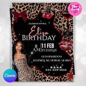 May include: A party invitation with a leopard print background and a black, curved central design. The invitation features a photo of a woman in a leopard print dress, along with text that reads "Eliza Birthday" and event details. Decorative elements include a cocktail, cherries, and red lips.