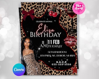 Cheetah Print Birthday Invitation, Black Bow Coquette Party Printable Invite, Editable Canva Design, Instant PDF Download