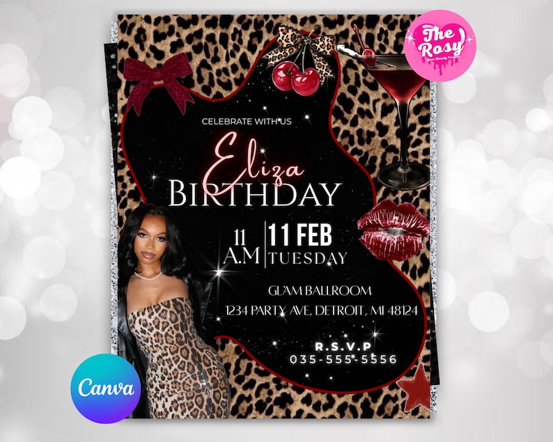 Cheetah Print Birthday Invitation, Black Bow Coquette Party Printable Invite, Editable Canva Design, Instant PDF Download