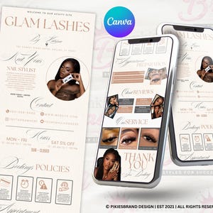 Könnte beinhalten: Eine digitale Marketingvorlage für Glam Lashes mit beigem Layout und roségoldenem Text, einschließlich Kontaktdaten, Geschäftszeiten, Buchungsrichtlinien und Serviceinformationen, dargestellt auf einem Dokument und zwei Smartphones.