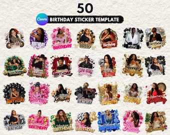 May include: A digital collection of 50 birthday sticker templates featuring various graphic designs, including balloons, floral accents, and stylised text. Each individual sticker incorporates a placeholder for a photo and birthday-themed text.