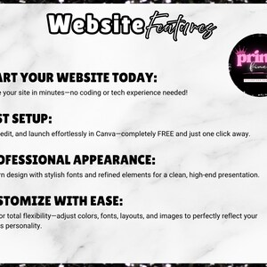 May include: A promotional graphic with the text "Website Features." Key features include fast setup, professional appearance, and easy customisation. The image also includes the text "Start your website today" and a logo for "princy finey."