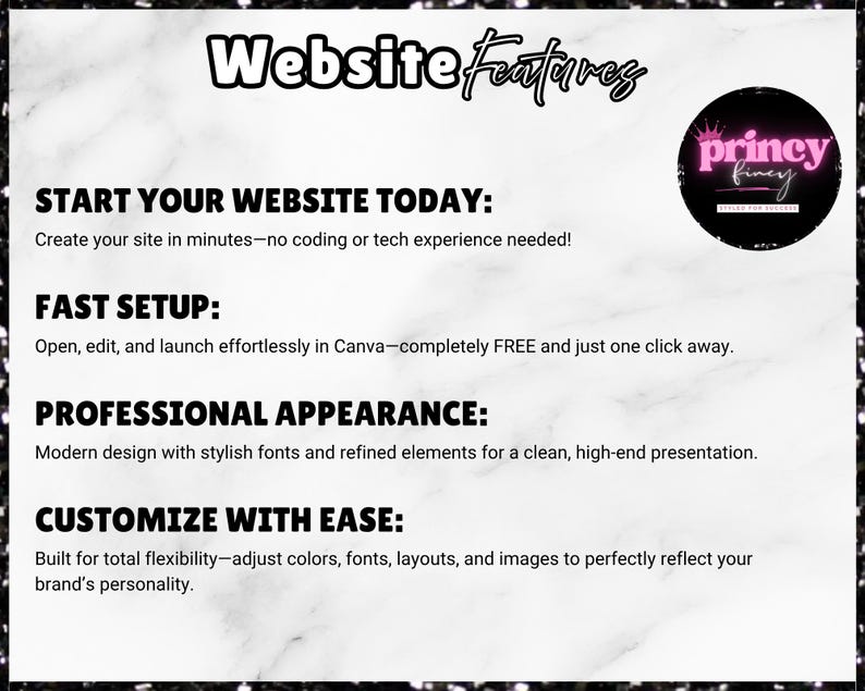 May include: A promotional graphic with the text "Website Features." Key features include fast setup, professional appearance, and easy customisation. The image also includes the text "Start your website today" and a logo for "princy finey."