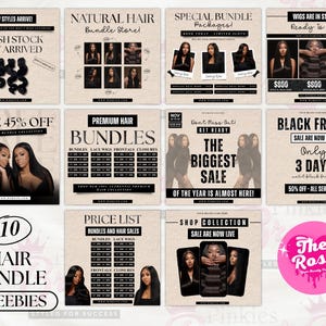 Op de afbeelding: Een collage van promotionele afbeeldingen voor haar bundels en pruiken. De afbeeldingen bevatten tekst zoals "Nieuwe stijlen zijn gearriveerd," "45% korting," en "Black Friday Sale." Er zijn ook afbeeldingen van haar bundels en modellen met extensions.