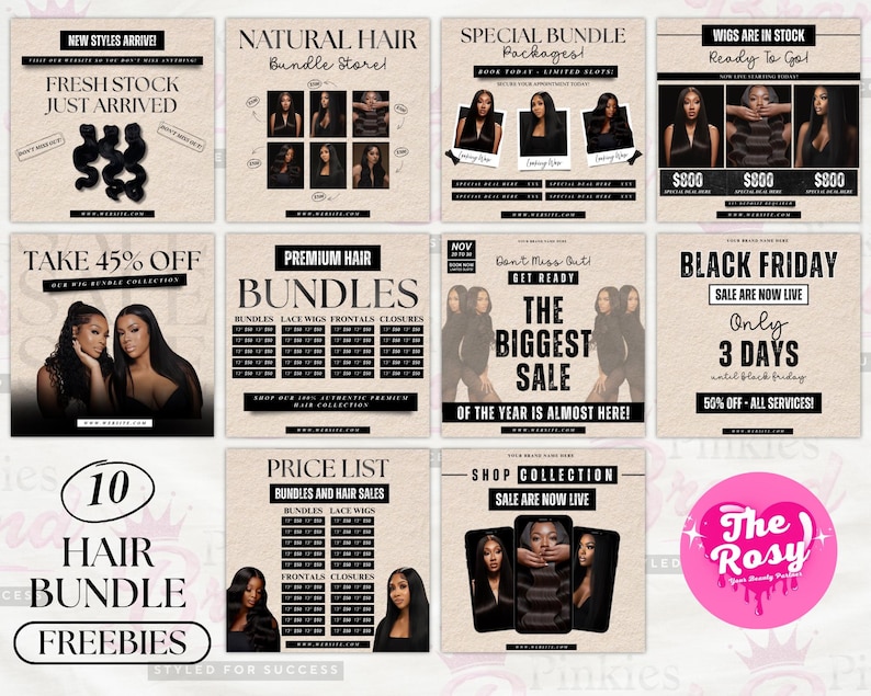 Op de afbeelding: Een collage van promotionele afbeeldingen voor haar bundels en pruiken. De afbeeldingen bevatten tekst zoals "Nieuwe stijlen zijn gearriveerd," "45% korting," en "Black Friday Sale." Er zijn ook afbeeldingen van haar bundels en modellen met extensions.
