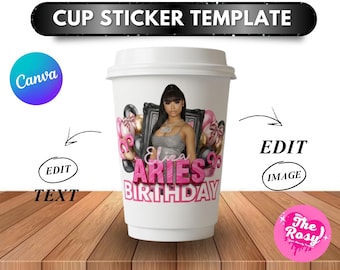 Styrofoam Cup Sticker Template, Pink and Black Birthday Cup, Pink Foam Cup Template, Pink Cup Stickers, Birthday Party Sticker Template