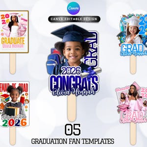 May include: Five graduation fan templates with photos of graduates. Each fan features a photo, the graduate's name, and the graduation year. The fans are on wooden sticks and have a variety of designs and colors.