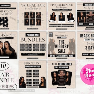Puede incluir: Una colecci&oacute;n de doce plantillas cuadradas para redes sociales de un negocio de cabello, con texto negro sobre fondo beige. Los dise&ntilde;os incluyen gr&aacute;ficos promocionales para extensiones, pelucas, listas de precios y ofertas de Black Friday.