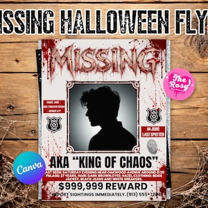 Op de afbeelding: Een Missing Halloween-flyer met het silhouet van een persoon in een centraal kader. De tekst bevat Missing, Jake, King of Chaos en details over een beloning van 999.999 $. Het ontwerp heeft rode bloedspatten, politiebadges en een vingerafdruk.