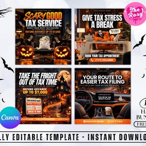 Könnte beinhalten: Ein Set aus vier digitalen Marketingvorlagen für Steuerdienste mit Halloween-Motiven wie Kürbissen, einer maskierten Figur, einem Spukhaus und einem Autoinnenraum. Der Text enthält Phrasen wie SCARY GOOD TAX SERVICE und GIVE TAX STRESS A BREAK.