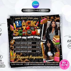 Op de afbeelding: Een digitale flyer-sjabloon met een zwarte achtergrond, luipaardprint-accenten en afbeeldingen van schoolbenodigdheden. De tekst bevat BACK TO SCHOOL, BOOKS ARE NOW OPEN en 20$ Deposit Required. Het bevat tijdelijke aanduidingen voor afbeeldingen.