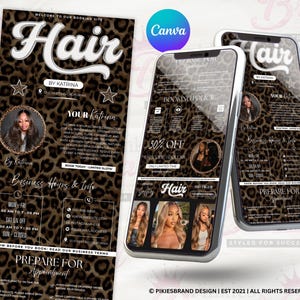 Puede incluir: Un folleto promocional y dos teléfonos inteligentes que muestran un anuncio de salón de belleza. El folleto y los teléfonos presentan un fondo con estampado de leopardo con la palabra "Hair" en letras blancas grandes. El folleto incluye el horario comercial y una foto de una mujer.