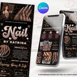 May include: A promotional flyer and two smartphones showcasing nail art designs. The flyer features the text "Nail by Katrina" with business information and images of manicured nails. The smartphones display similar content.
