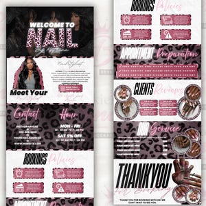 Puede incluir: Una plantilla de folleto de marketing digital para estilista de u&ntilde;as con un fondo de estampado de leopardo rosa y negro. El dise&ntilde;o incluye secciones para pol&iacute;ticas de reserva, preparaci&oacute;n de citas, rese&ntilde;as de clientes, servicios y contacto.