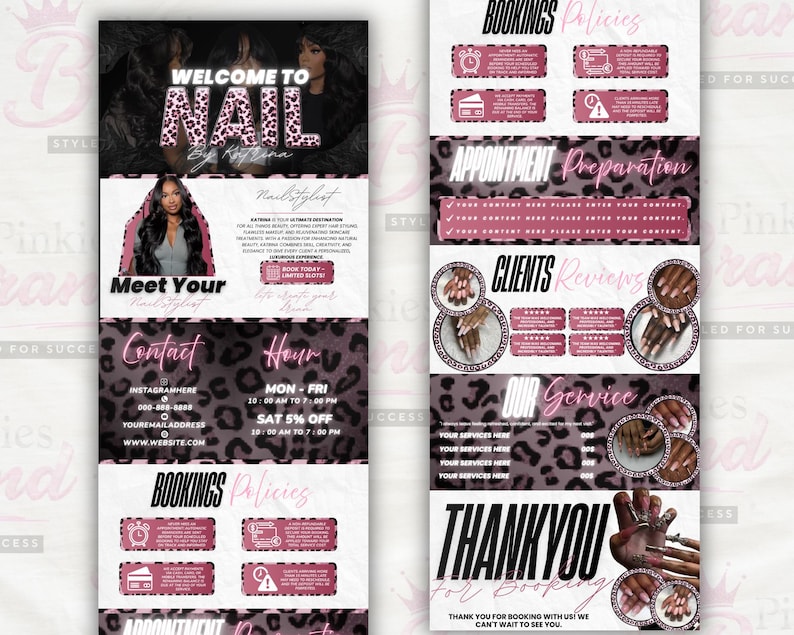 Puede incluir: Una plantilla de folleto de marketing digital para estilista de u&ntilde;as con un fondo de estampado de leopardo rosa y negro. El dise&ntilde;o incluye secciones para pol&iacute;ticas de reserva, preparaci&oacute;n de citas, rese&ntilde;as de clientes, servicios y contacto.