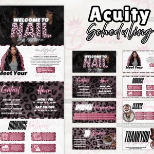 Puede incluir: Un conjunto de plantillas de marketing digital para servicios de u&ntilde;as con un tema de estampado de leopardo negro y rosa. El dise&ntilde;o incluye secciones para informaci&oacute;n de contacto, horarios, pol&iacute;ticas de reserva, rese&ntilde;as y preparaci&oacute;n.