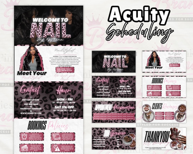 Puede incluir: Un conjunto de plantillas de marketing digital para servicios de u&ntilde;as con un tema de estampado de leopardo negro y rosa. El dise&ntilde;o incluye secciones para informaci&oacute;n de contacto, horarios, pol&iacute;ticas de reserva, rese&ntilde;as y preparaci&oacute;n.