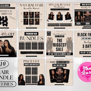 May include: A collage of promotional graphics for hair bundles, wigs, and hair services. The images feature text like "New Styles Arrive," "Black Friday Sale," and "Take 45% Off." The overall aesthetic is modern with a focus on hair products and deals.