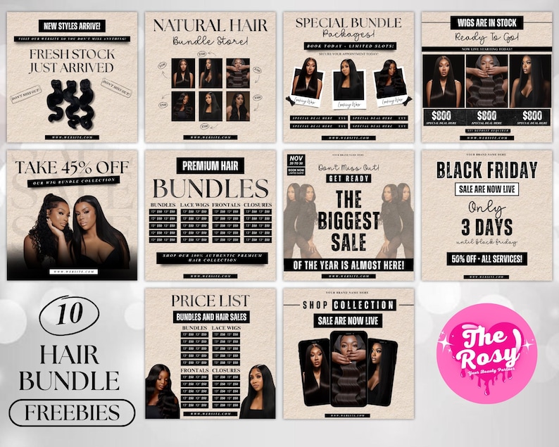 May include: A collage of promotional graphics for hair bundles, wigs, and hair services. The images feature text like "New Styles Arrive," "Black Friday Sale," and "Take 45% Off." The overall aesthetic is modern with a focus on hair products and deals.