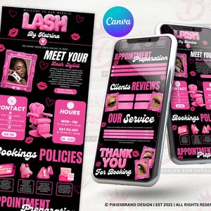Könnte beinhalten: Eine digitale Marketingvorlage für ein Wimpernstudio mit schwarzem Hintergrund und leuchtend pinken Akzenten, Text Lash By Katrina, Kontaktdaten, Servicemenüs, Kundenbewertungen, Buchungsrichtlinien und Schritten zur Terminvorbereitung.