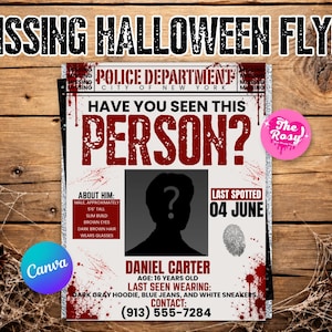 Op de afbeelding: Een vermist persoon flyer getiteld MISSING HALLOWEEN FLYER met rode bloedspettereffecten. Het bevat de tekst POLICE DEPARTMENT CITY OF NEW YORK, HAVE YOU SEEN THIS PERSON?, een silhouet met een vraagteken en het telefoonnummer 913-555-7284.