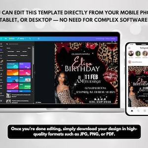 May include: A laptop, tablet, and smartphone display a birthday invitation template with a leopard print background. The invitation includes the text "Eliza Birthday" and event details. The image also includes the text: "You can edit this template directly from your mobile phone, tablet, or desktop".