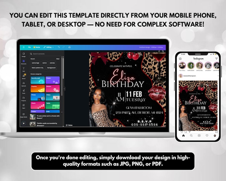 May include: A laptop, tablet, and smartphone display a birthday invitation template with a leopard print background. The invitation includes the text "Eliza Birthday" and event details. The image also includes the text: "You can edit this template directly from your mobile phone, tablet, or desktop".