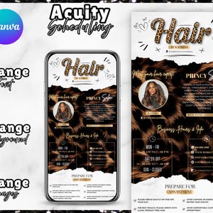 May include: Digital advertisement for a hair salon with a leopard print design. The ad includes the salon's name, "Hair by Katrina," and information about services, hours, and how to book an appointment. The design is displayed on a smartphone.
