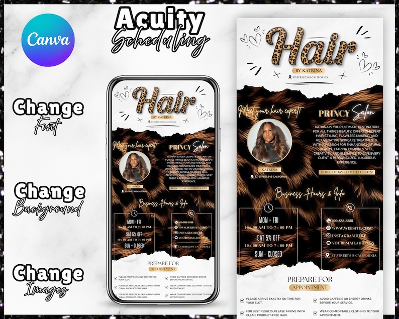 May include: Digital advertisement for a hair salon with a leopard print design. The ad includes the salon's name, "Hair by Katrina," and information about services, hours, and how to book an appointment. The design is displayed on a smartphone.
