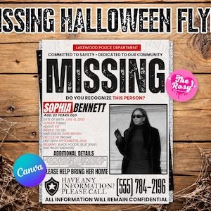 Op de afbeelding: Een vermissingsflyer voor Sophia Bennett, 23 jaar oud, met een zwart-witfoto van een persoon met een zonnebril en een donkere jas. De flyer bevat details zoals een lengte van 168 cm, een gewicht van 54 kg en een contacttelefoonnummer.