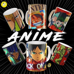 May include: Six white ceramic mugs with different anime characters printed on them. The mugs are arranged in a circle with the word "ANIME" in the center. The mugs feature characters from popular anime series such as One Piece, Naruto, and Attack on Titan.