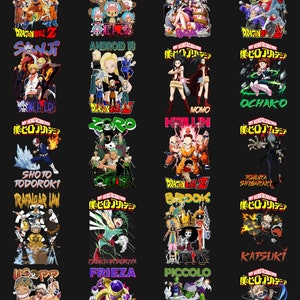 May include: A collage of 16 colorful images featuring characters from popular anime series, including Dragon Ball Z, One Piece, and My Hero Academia. Each image features a character's name and the anime series title.