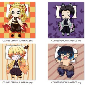 May include: Eight different pillow covers featuring characters from the anime Demon Slayer. Each pillow cover features a different character in a sleeping position. The characters are Tanjiro, Nezuko, Zenitsu, Inosuke, Giyu, Shinobu, and Kanao. The pillow covers are all different colors and patterns.