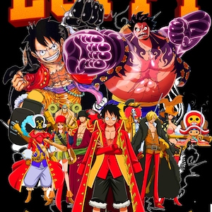 May include: A colorful illustration of the Straw Hat Pirates from the anime One Piece. The characters are depicted in their signature poses and outfits, with Luffy, the main character, standing in the center. The image features the text "Luffy" in large, yellow letters at the top and "One Piece" in gold lettering at the bottom.