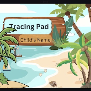 Może przedstawiać: Kolorowa ilustracja tropikalnej sceny plażowej z palmami, piaskiem i oceanem. Obraz przedstawia drewniany znak z napisem "Tracing Pad" i "Child's Name". Czerwony krab jest widoczny na plaży.