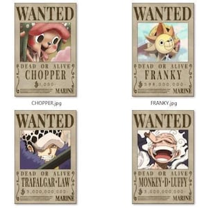 May include: A collage of nine wanted posters featuring characters from the anime One Piece. Each poster has a different character with their bounty amount and the words "Dead or Alive" printed on them.