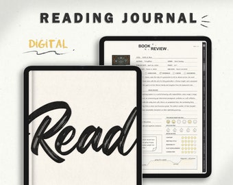 May include: A digital reading journal template featuring a black and white illustration of the word "Read" on the cover. The template includes a book review section with fields for title, author, genre, publication date, and more. The template also includes a section for rating the book on various criteria, such as writing style, plot development, and character development.