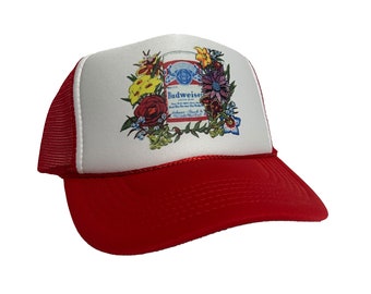 Budweiser Tropical Trucker Hat Red Hawaii Drinking King of Beers Party Bar Unisex One-Size Mesh Adjustable Retro Trucker Cap