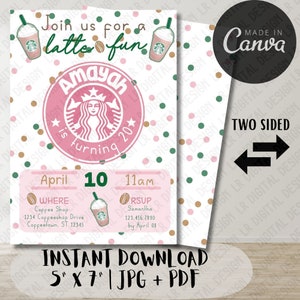 Peut inclure: Invitation recto-verso sur le thème du latte, rose et vert. Le recto présente le texte "Join us for a latte fun" et un logo rose de style Starbucks avec le nom "Amayah" et l'âge "20". L'invitation est de 12,7 cm x 17,8 cm, JPG et PDF.