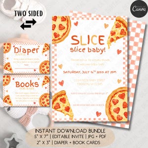 May include: A baby shower invitation bundle with a pizza theme. The invitation features pizza slices with heart-shaped pepperoni, along with diaper raffle and book cards. The bundle includes a 12.7cm x 17.8cm invite and 5cm x 7.6cm cards.