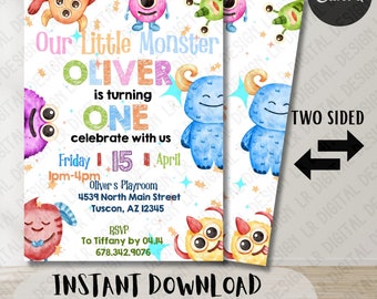 Monstrously Cute Bash: Adorable Little Monsters 5"x7" Digital Invitation - Editable & Charming!