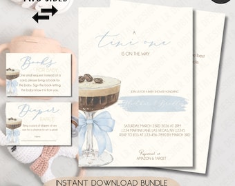 Een Tini One is onderweg uitnodigingsbundel voor babyshower – thema blauw espresso-martini