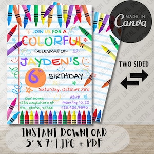 Puede incluir: Una colorida invitación de cumpleaños con ilustraciones de crayones. La invitación dice "Únete a nosotros para una celebración colorida" y presenta el nombre "Jayden's" y el número "6". Incluye detalles del evento e información RSVP.