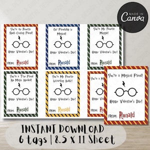 Op de afbeelding: Zes Valentijnsdaglabels met een Harry Potter-thema. Elk label heeft een ronde bril, een bliksemschicht en een Valentijnsdagboodschap. De labels zijn in verschillende kleuren en bevatten de tekst "Happy Valentine's Day!" en "From: Ronald."
