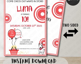 Red & White Shopping Spree Birthday Invite - Editable Digital Template - Two Sided